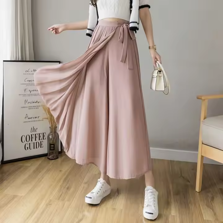 Primavera Verano nuevo estilo coreano mujeres plisado Pantalones de gasa Pantalones de cintura alta Hakama Casual Pantalones de pierna ancha - 1