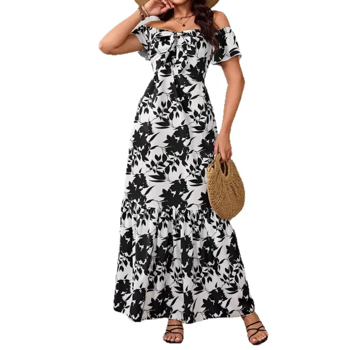 2025 verano ropa de mujer europea y americana de gran tamaño moda de cuatro lados impresión elástica vestido largo - 1
