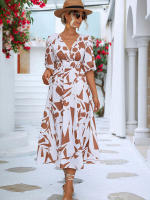 Vestido acampanado bohemio estampado para mujer, ropa informal de manga corta con burbujas, Vintage, elegante, verano, 2024 - details 1