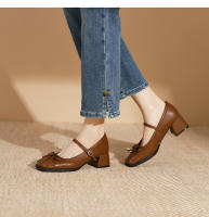 Zapatos individuales de tacón grueso cosidos con lazo de nuevo estilo, zapatos de mujer de tacón medio. - details 22