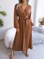 CDM Women Elegant V Neck Long Sleeve Pleated Maxi Dress - details 3