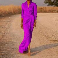 Casual Oficina solapa cuello en V Maxi primavera mujeres manga camisas sólidas vestido elegante señora encaje hasta Split vestidos largos delgados - details 3