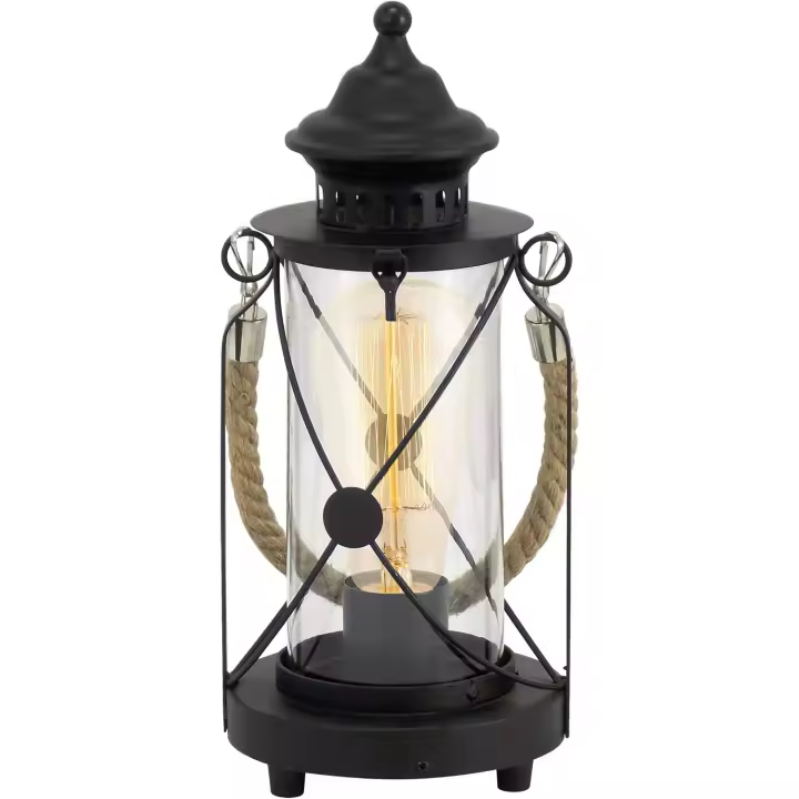 Lámpara de mesa, lámpara de mesa vintage con 1 bombilla, farola, lámpara de mesita de noche de acero, color negro, vidrio transparente, casquillo E27, incl interruptor - 1