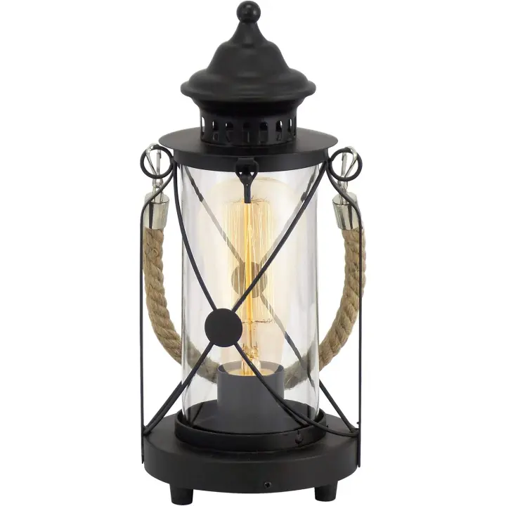Lámpara de mesa, lámpara de mesa vintage con 1 bombilla, farola, lámpara de mesita de noche de acero, color negro, vidrio transparente, casquillo E27, incl interruptor - 1