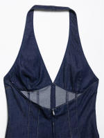 OUWU- Vestido vaquero con cuello halter para mujer 2025, cuello en V profundo, cintura ajustada, dobladillo acampanado para un estilo moderno y elegante. - details 6