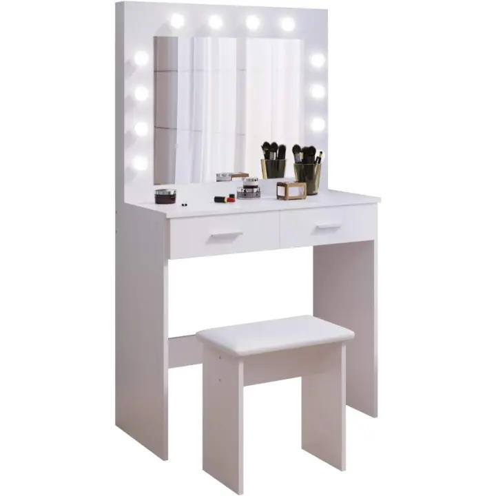 Jooli H Tocador Mesa de Maquillaje con Espejo LED Hollywood, 2 Cajones Grandes y Taburete, 80x40x140cm (Blanco) - 1