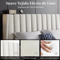 Cama tapizada con cabecera a rayas con alas de láminas de madera y metal, cama matrimonial color beige. - details 30