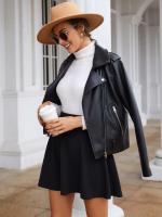 Cintura media elástica esponjosa de color sólido, falda con vuelo grande de paraguas negro, falda corta - details 7