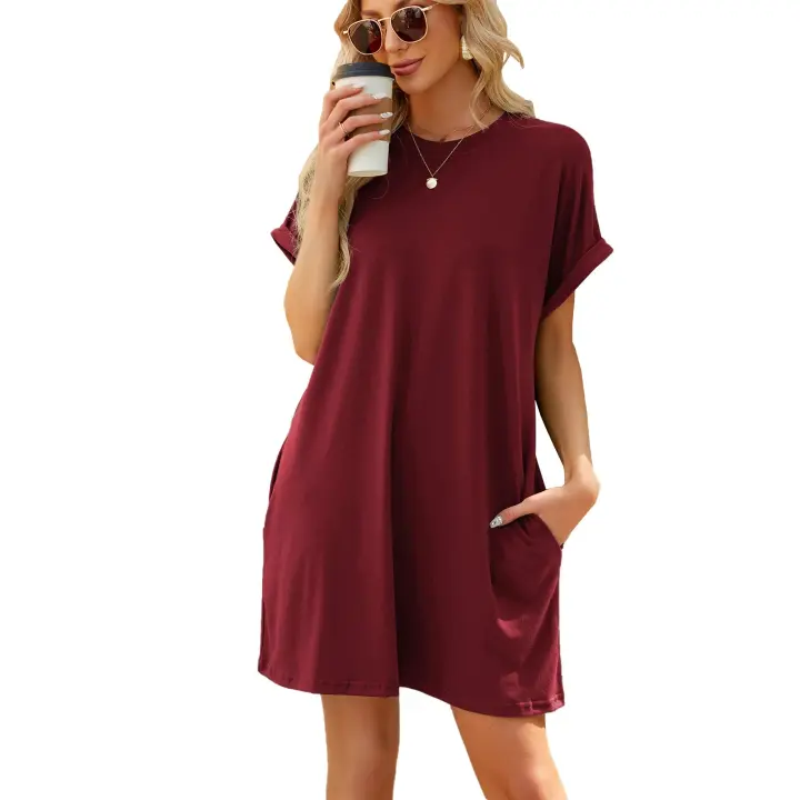 Camiseta informal para mujer, vestidos de cuello redondo, manga corta con bolsillos, azul marino S - 1