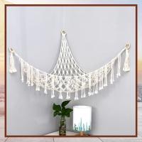 Hamaca de juguete de peluche bohemia, forma Triangular, cesta de almacenamiento de malla colgante, red de pared con borlas de algodón para dormitorio y sala de estar - details 1