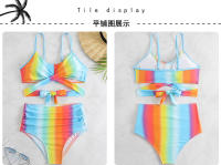 Traje de baño dividido de cintura alta para mujer, bikini multicolor con estampado de cuello halter cruzado - details 32