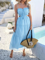 2025 primavera y verano casual color sólido estilo bohemio de vacaciones vestido de tirantes de empalme de cintura alta - details 17