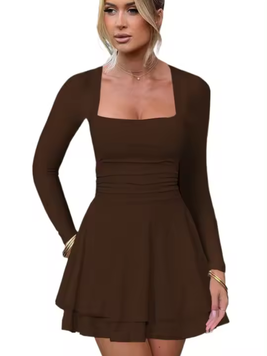 Vestido corto de manga larga para mujer, minivestido informal de Color sólido, estilo coreano con curvas, de algodón, novedad - 1