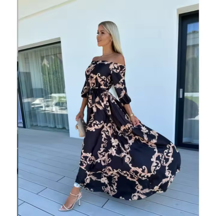 Vestido de mujer, falda larga, novedad de verano, estilo de vacaciones junto al mar, vestido estampado con cuello de una línea - 1