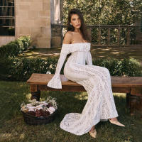 BUNO-Oligai elegante vestido ajustado con hombros descubiertos 2025 nuevo en blanco vestido largo de encaje con mangas acampanadas vestido de invitados de boda para mujer - details 15