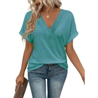 Tops Vintage de moda de Color sólido con cuello en V para mujer, ropa Popular coreana, camiseta holgada de manga corta de verano para mujer - details 3