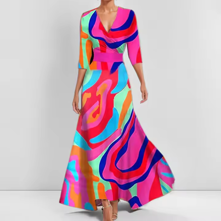 2025 Amazon Comercio exterior ropa de mujer moda elegante elegante cuello en V estampado con cordones vestido de swing grande mujeres - 1