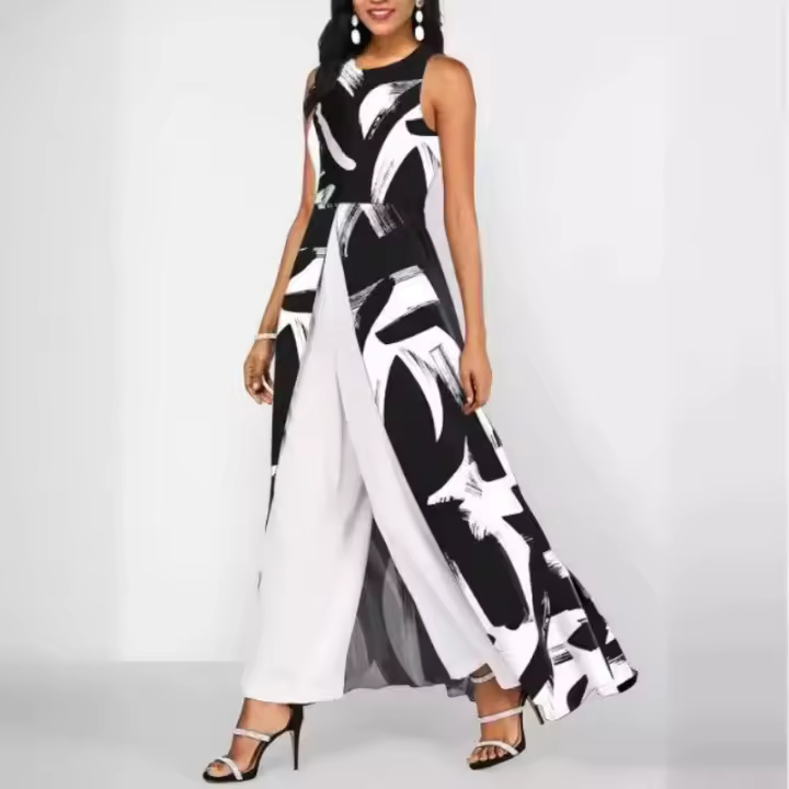 Mono de pierna ancha de retazos para mujer, monos de cuello redondo, bata asimétrica para mujer, moda de fiesta - 1
