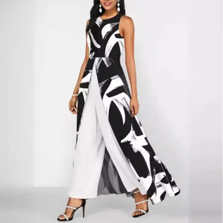 Mono de pierna ancha de retazos para mujer, monos de cuello redondo, bata asimétrica para mujer, moda de fiesta - 1
