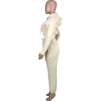 Conjunto de dos piezas de chaqueta y pantalones holgados con capucha, bolsillos y diseño de patchwork de color sólido para mujer 9318 - details 7