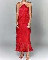 Vestido con abertura y espalda descubierta con flecos y cuello a la moda para mujer - details 6