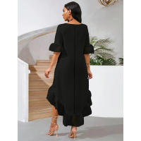 Nuevo Vestido de mujer Color sólido cuello redondo Patchwork malla dobladillo Irregular - details 2