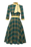Vestido de Cuadros Vintage Hepburn para Mujer Otoño-Invierno Cuello Alto 3/4 Manga Retro con Lazo y Escote Ancho - details 3