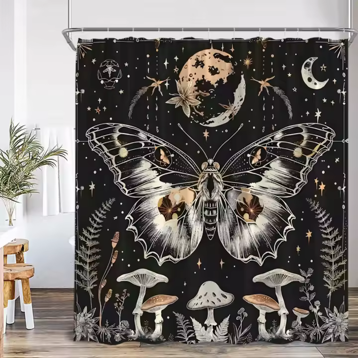 Cortina de ducha Vintage con mariposa y libélula, flor, calavera, seta, bruja, magia, decoración de baño de Halloween, cortina de baño Retro de poliéster - 1