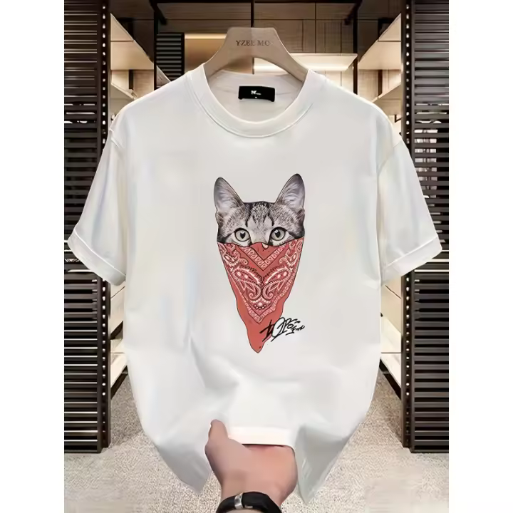 Camiseta Gráfica de Algodón 100% Cuello Redondo, Manga Corta, Ajuste Regular, Diseño de Gato Negro, Esencial de Verano para Atuendo Casual - 1