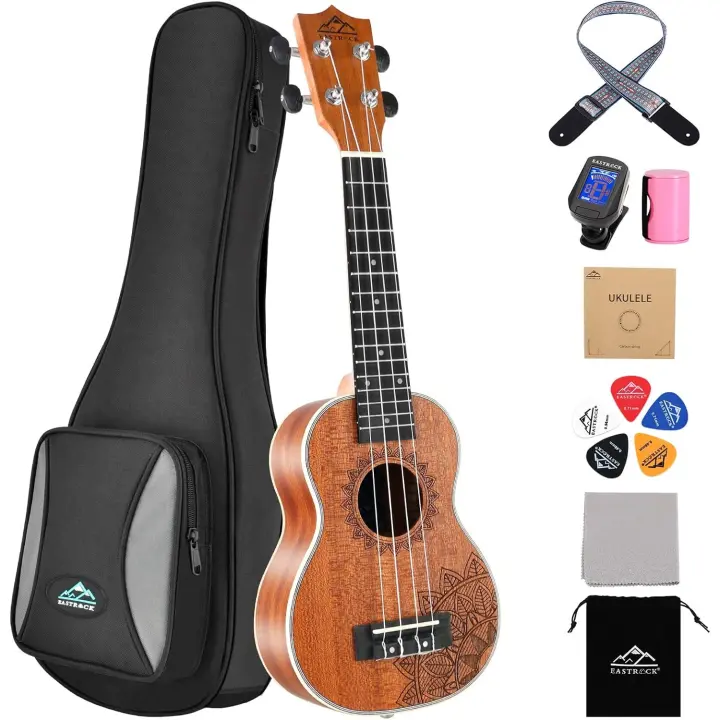 Ukelele soprano para principiantes Kit de ukelele de madera de sapeli de 21 pulgadas con bolsa Thicknen, afinador, correa, hilo de carbono, juego de paño de limpieza - 1