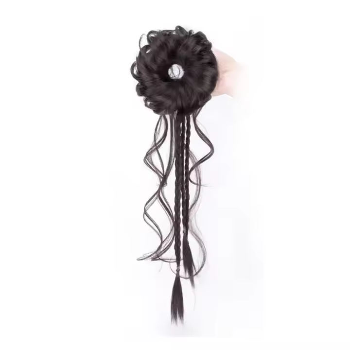Peluca coreana con moño de flores, banda elástica para el cabello, moño rizado desordenado, cola de caballo, peluca trenzada Natural para mujer - 1