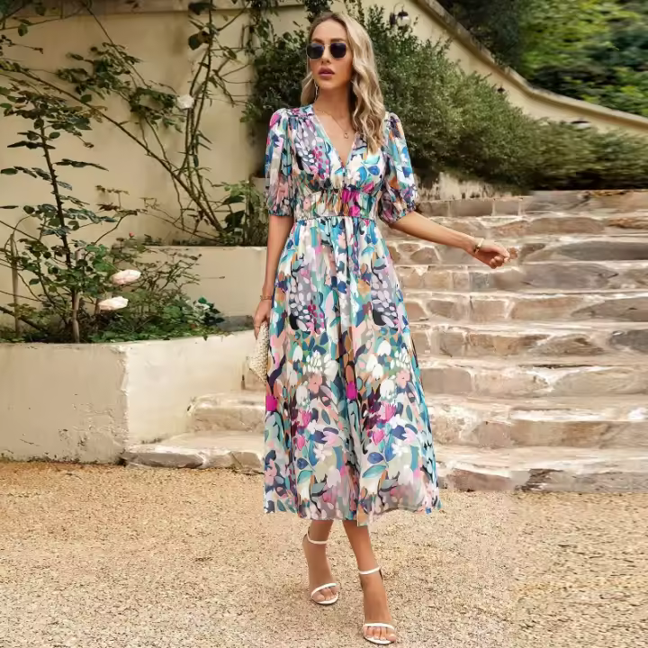 Diseño de vestido europeo y americano 2025 verano temperamento cintura vestido estampado con cuello en V - 1