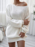 Vestido de suéter suelto de manga larga con cuello oblicuo para mujer, Mini Vestidos de punto casuales, Color sólido, Otoño e Invierno - details 1