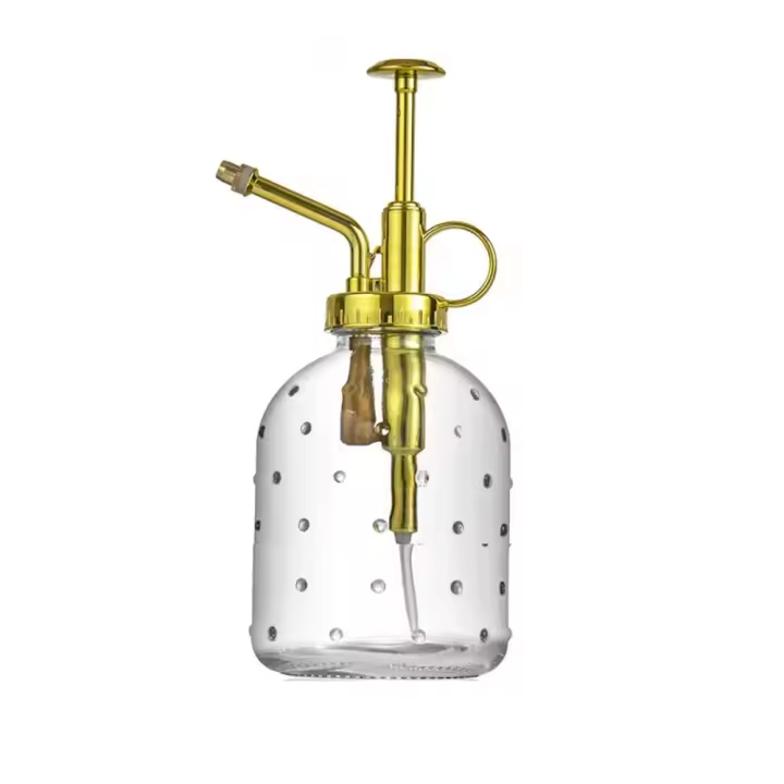Botella pulverizadora de vidrio tipo empuje, gota de lluvia, regadera de jardín a presión manual, pulverizador de flores transparente con fondo antideslizante a prueba de fugas para exteriores - 1