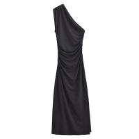Vestido largo asimétrico sin mangas con dobladillo fruncido lateral para mujer de High Street, negro, sexy, maxi. - details 0