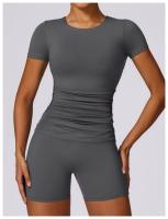 Conjunto de Yoga Sin Costuras para Mujer 2 Piezas Traje de Gimnasio con Top Corto de Manga Corta y Shorts para Correr Ropa Deportiva Activa Material Exterior de Nylon - details 10