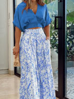 Women casual 2 pieces set elegant v neck short sleeve tops and print wide leg pants - details 4