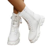Botas de cuero de imitación de fondo grueso para mujer, Zapatos de tacón grueso Blanco, Otoño e invierno - details 1