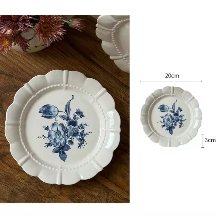 Plato de Cena Cerámico Vintage Ahunderjiaz Estampado de Flor Francesa Vajilla de Mesa Occidental - 1