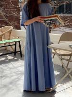 Vestido de Manga Larga de Verano Azul Cintura Alta A-Línea Diseño Coreano Moda de Mujer para Romper - details 1