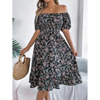 Primavera Verano 2025 Europeo y Americano Floral Cuello Cuadrado Manga Corta Cintura con Volantes Falda Línea A - details 34