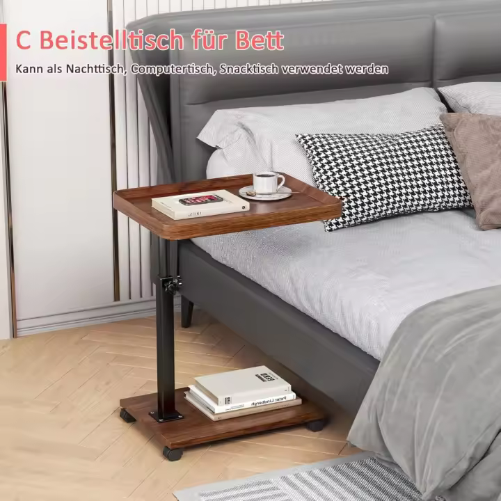 Mesa auxiliar de altura ajustable con ruedas, mesas auxiliares en forma de C, mesa auxiliar giratoria de madera de 360 grados °   para sofá, cama, salón, portátil, mesa de café con ruedas cama - 1
