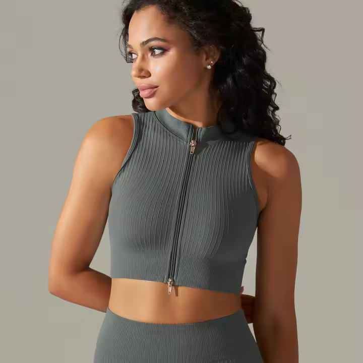 Hamidou-Sujetador deportivo con cremallera para mujer, Top de Yoga, chaleco de sudor, chaqueta de entrenamiento para correr, chaquetas sin mangas para correr, Tops cortos elásticos ajustados - 1