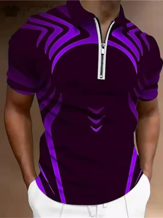 Polo de verano con cremallera para hombre, camiseta de manga corta con cuello con patrón de rayas, camisa de golf holgada informal, camisa Haruku - 1