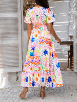 2025 Primavera / Verano Casual Bomisia Vacaciones Estilo Estampado Contraste Color Cuello en V Cintura alta Vestido de manga corta - details 19