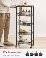 Carro de 4 Niveles, Carro Estrecho de Cocina con Ruedas, con Asa, para Espacio Reducido, 22 x 45,4 x 77 cm, para Cocina, Baño, Salón, Estudio, Marrón Rústico y Negro LRC033B01 - details 19
