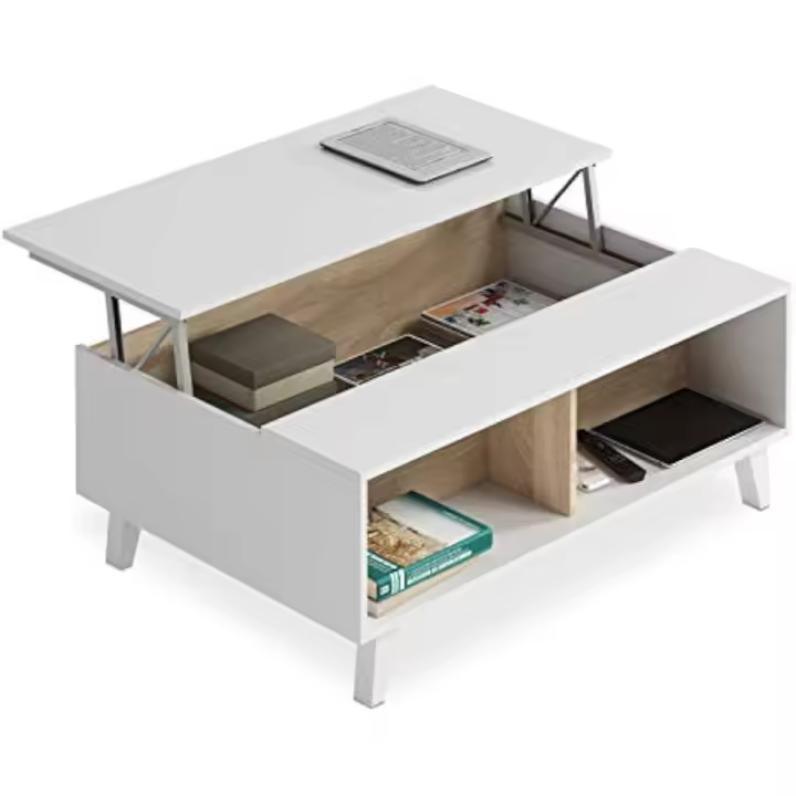 centro elevable comedor salón, mesita mueble salon comedor acabado en Blanco Brillo y Roble - 1