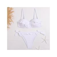 Bañador de banda con volantes negros para mujer, traje de baño femenino de realce, conjunto de Bikini con sujetador y Copa, traje de baño de corte alto azul de Color sólido 2023 - details 2