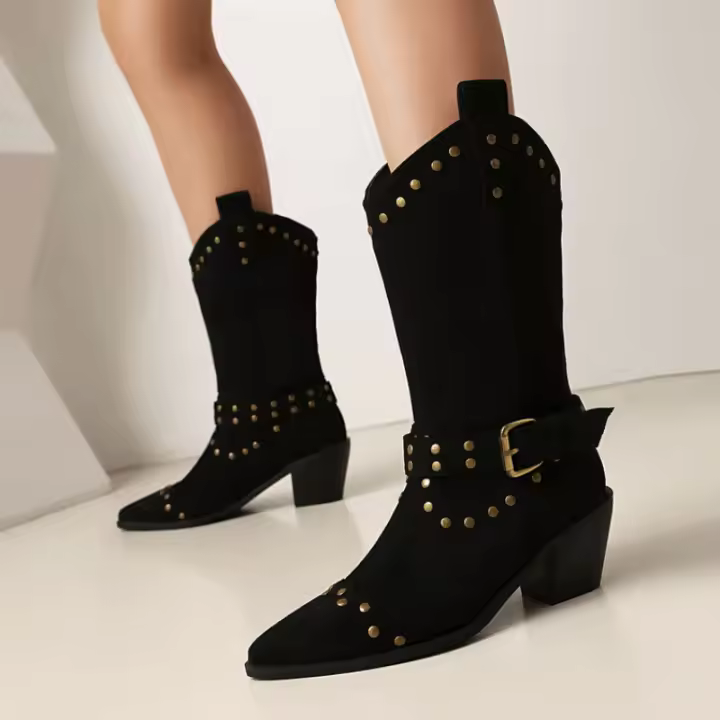 Zapatos de mujer bordados con tacón medio grueso tallas 40-43 conjunto de pies de gran tamaño botas retro de mujer - 1