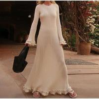 Vestido largo de punto con mangas acampanadas y dobladillo con volantes para mujer, Vestido elegante con espalda descubierta y cuello redondo con cordones, batas de vacaciones para mujer - details 11